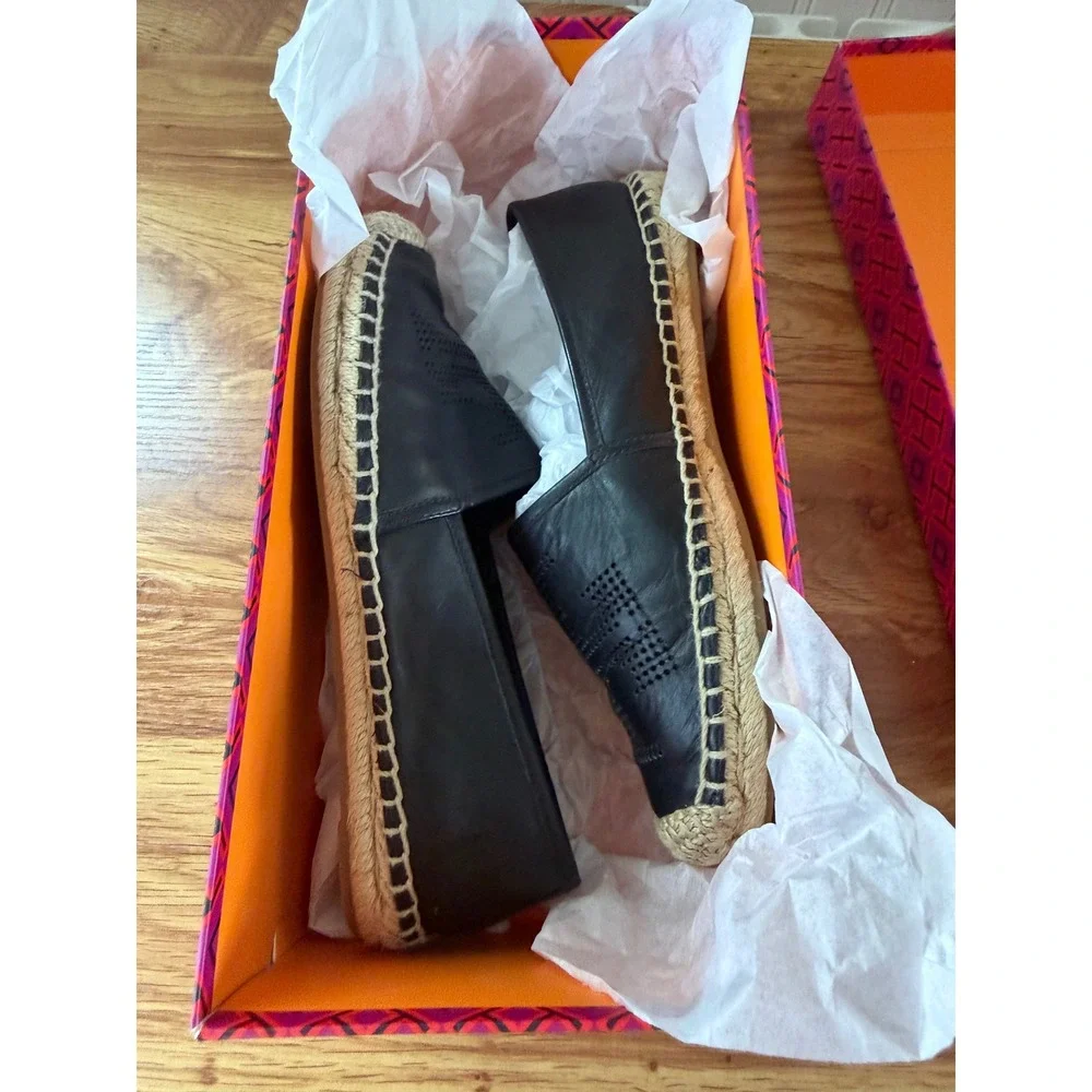 Tory Burch Black Perforated Logo Nappa Leather Espadrille Flats Size 6.5